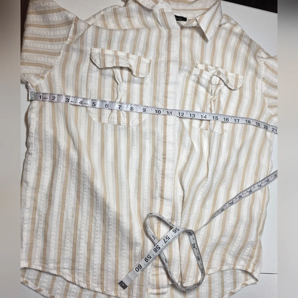Beige Striped Button Down Shirt Lightweight Cotton Coastal Boho Oversized Top M